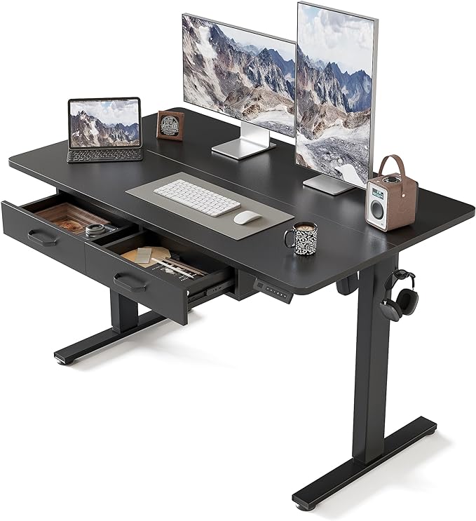 FEZIBO Adjustable Height Electric Standing Desk with Double Drawer, 48 x 24 Inches Stand Up Home Office Desk with Splice Tabletop, Black Frame/Black Top - LeafyLoom