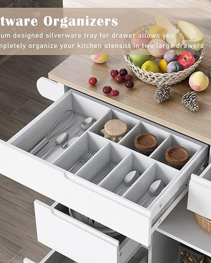 Mobile Cart with Rubber Wood Countertop, Kitchen Island on Lockable Wheels w/Drawer and Storage Cabinet for Dining Room, Bar, White, 53.15 Inch - LeafyLoom