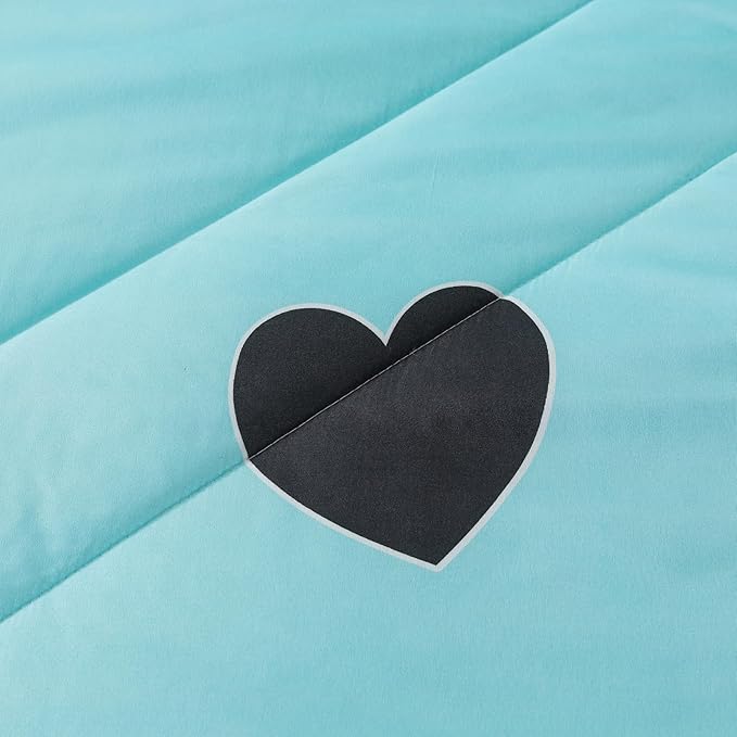 Love Pattern Girls Comforter Set Queen Size, Sky Blue Cute Love Heart Print Comforter Bedding Set for All Seasons, Geometric Soft Microfiber 3 Pieces Comforter Set with Pillowcases - LeafyLoom
