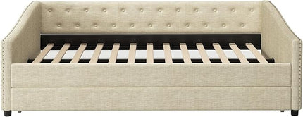 Full Size Upholstered Daybed with Twin Size Trundle,Wood Sofa Bed Frame W/Button Tufted Back and Nailhead Decorated Waved Shape Arms,Slat Support,for Bedroom,Living Room,Apartment,Beige - LeafyLoom
