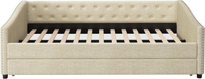 Full Size Upholstered Daybed with Twin Size Trundle,Wood Sofa Bed Frame W/Button Tufted Back and Nailhead Decorated Waved Shape Arms,Slat Support,for Bedroom,Living Room,Apartment,Beige - LeafyLoom