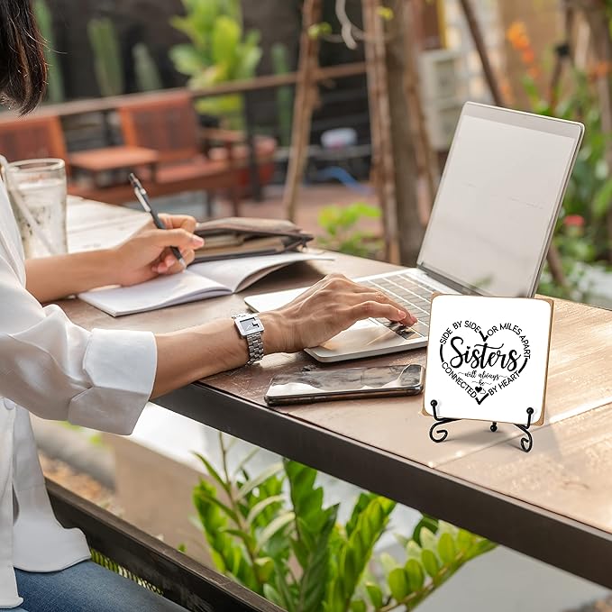 Gifts for Sister, Desk Decor Wood Plaque with Stand, Sister Birthday Gifts - Side By Side Or Miles Apart,Sisters Are Always Connected By The Heart -A40 - LeafyLoom
