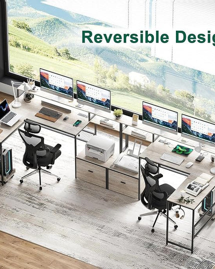 L Shaped Desk with Drawers, 66" Home Office Desk with Power Outlet and Led Strip, Reversible Computer Desk with Storage Shelves & Monitor Stand, Large Corner Desk Gaming Desk, Grey - LeafyLoom