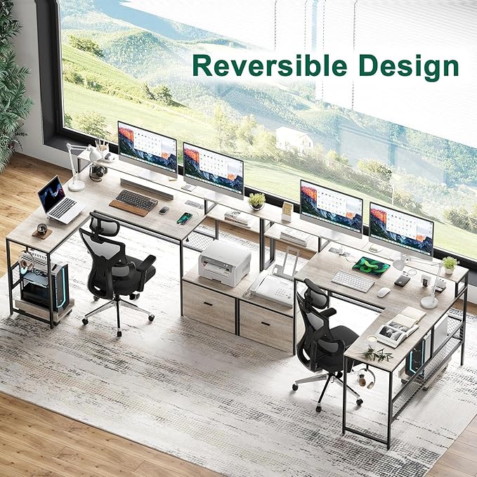 L Shaped Desk with Drawers, 66" Home Office Desk with Power Outlet and Led Strip, Reversible Computer Desk with Storage Shelves & Monitor Stand, Large Corner Desk Gaming Desk, Black - LeafyLoom