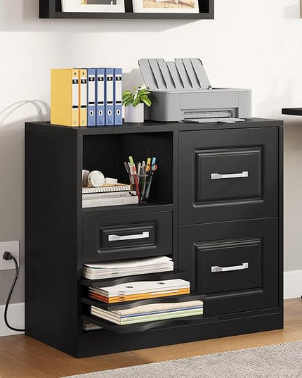 YITAHOME 3 Drawer File Cabinet, Filing Cabinet with Charging Station, Printer Stand with Open Storage Shelves, Fits for A4, Letter, Legal Size Files, Black - LeafyLoom
