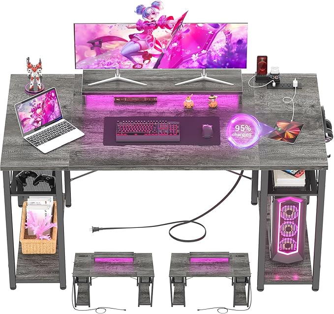 armocity Computer Desk with LED Lights, 55 Inch Desk with Power Outlet and USB, Reversible Large Desk with Moveable Monitor Stand, 55.2'' Gaming PC Table for Home Office, Workstation, Grey - LeafyLoom