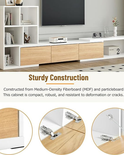 Extendable Stand with 3 Tier Bookshelves for TVs up to 110'', Adjustable Entertainment Center with Storage Cabinets, Sliding Tabletop Media Console for Living Room, White, 126 inch Length - LeafyLoom