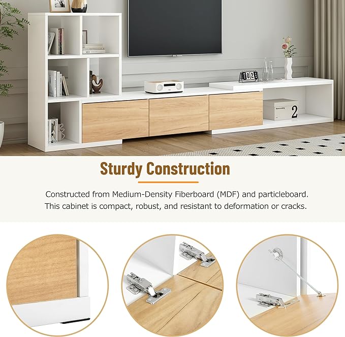 Extendable Stand with 3 Tier Bookshelves for TVs up to 110'', Adjustable Entertainment Center with Storage Cabinets, Sliding Tabletop Media Console for Living Room, White, 126 inch Length - LeafyLoom