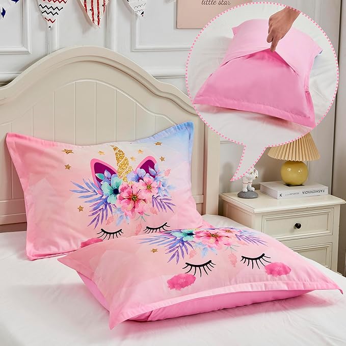 Pink Unicorn Queen Bedding Set for Girls 3 Piece Kids Comforter Set Cartoon Unicorn Flowers Quilt Set Bed in A Bag Lightweight Duvet Bed Set for Kids Teen Girls Women Bedroom Decor with 2 Pillowcases - LeafyLoom