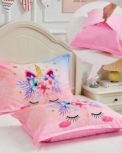 VIVILINEN Twin Size Bedding Set for Girls 3 Piece Pink Unicorn Kids Comforter Set Cartoon Unicorn Flowers Quilt Set Bed in A Bag Lightweight Duvet Bed Set for Kids Teen Girls Women with 2 Pillowcases - LeafyLoom