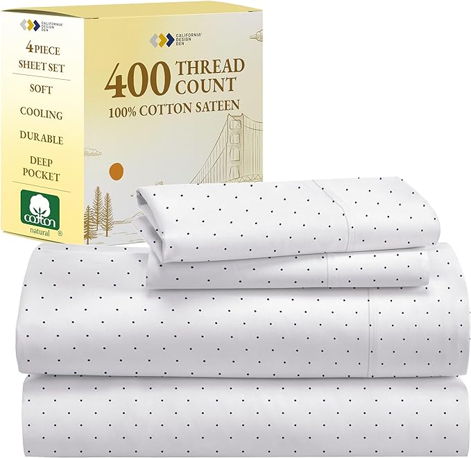 California Design Den Polka Dot Sheets Softest 100% Cotton Sheets for King Size Bed, Luxury 400 Thread Count Sateen, 4 Piece Deep Pocket Printed Pattern (Polka Dot) - LeafyLoom