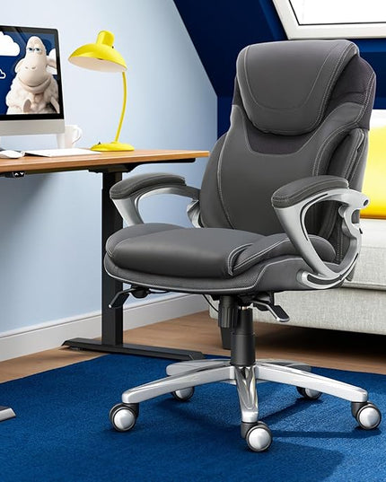 Serta Bryce Executive Office Chair, Ergonomic Computer DeskChair with Patented AIR Lumbar Technology, Comfortable Layered Body Pillows for Cushioning, SertaQuality Foam, Bonded Leather, Gray - LeafyLoom