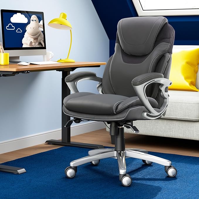 Serta Bryce Executive Office Chair, Ergonomic Computer DeskChair with Patented AIR Lumbar Technology, Comfortable Layered Body Pillows for Cushioning, SertaQuality Foam, Bonded Leather, Gray - LeafyLoom