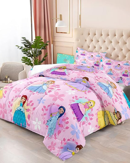 Princess Bedding Full Size Comforter Sets for Girls Bedroom Decor Pink Princess Full Quilt Set with 2 Pillowcases Cute Princess Comforter Set Girls Gifts - LeafyLoom