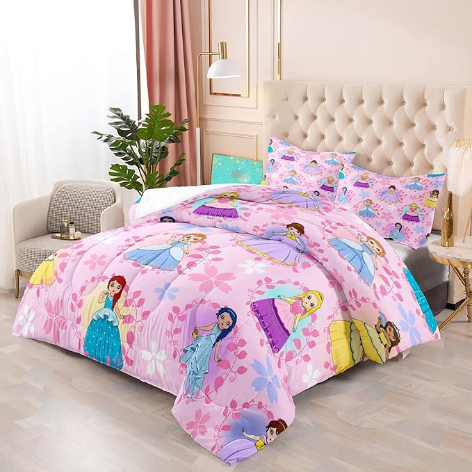 Princess Bedding Full Size Comforter Sets for Girls Bedroom Decor Pink Princess Full Quilt Set with 2 Pillowcases Cute Princess Comforter Set Girls Gifts - LeafyLoom