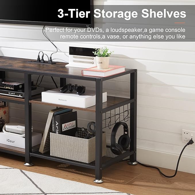 VECELO TV Stand with Power Outlets for Televisions Up to 75 Inch, Industrial Entertainment Center with 3-Tier Open Storage Shelves & 6 Hooks for Living, Bedroom and Gaming Room, 70 Inch, Brown - LeafyLoom