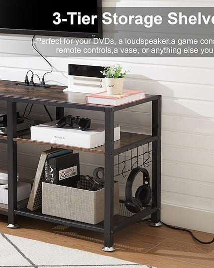 VECELO TV Stand with Power Outlets for Televisions Up to 70 Inch, Industrial Entertainment Center with 3-Tier Open Storage Shelves & 6 Hooks for Living, Bedroom and Gaming Room, 63 Inch, Brown - LeafyLoom