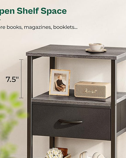 Nightstand Set of 2, Night Stand with Fabric Drawer, Mesh Shelf, Side Table with Storage, Fabric Drawer Dresser, Open Shelf, Metal Frame, Bedroom, Charcoal Gray - LeafyLoom
