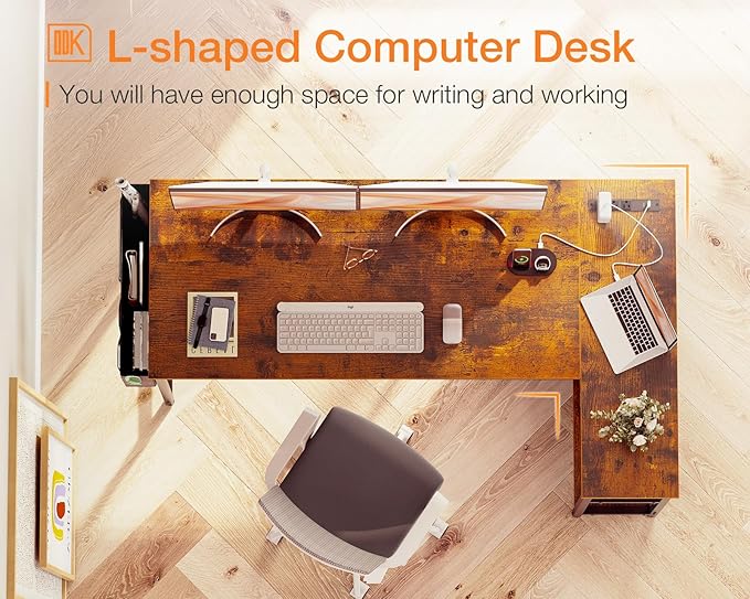 ODK 55 Inch Small L Shaped Gaming Computer Desk with Power Outlets, Reversible Storage Shelves & PC Stand for Home Office, Simple Writing Study Table with Storage Bag for Small Space, Vintage - LeafyLoom