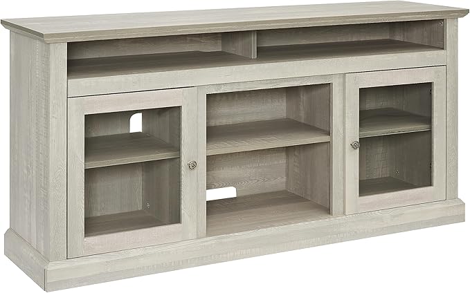 65" Farmhouse Cabinet for 65 Inch TV, Mid Century Modern Media Table Stand with Glass Door, 59'' Entertainment Center with Storage, Rustic Television Consoles for Living Room, Gray Wash - LeafyLoom