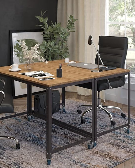 Flash Furniture Livingston Collection Computer Table and Desk in Brown Oak Wood Grain Finish with Metal Wheels - LeafyLoom