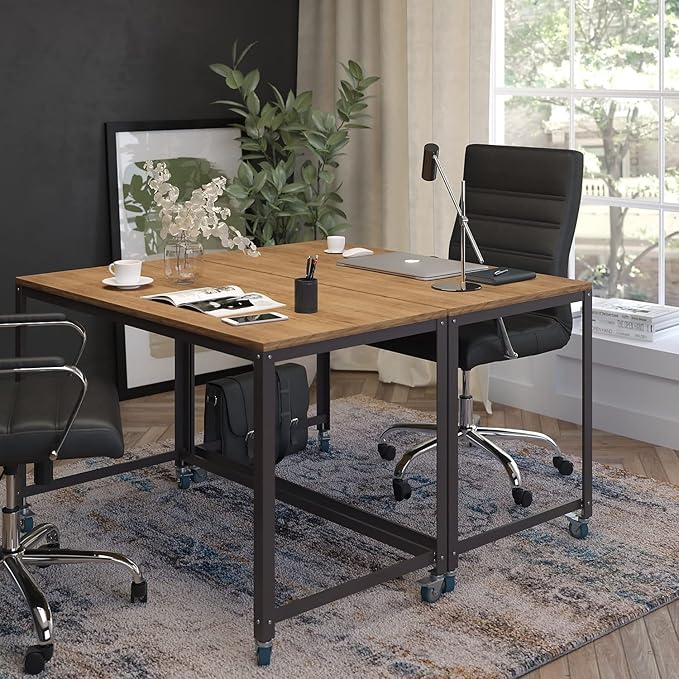 Flash Furniture Livingston Collection Computer Table and Desk in Brown Oak Wood Grain Finish with Metal Wheels - LeafyLoom