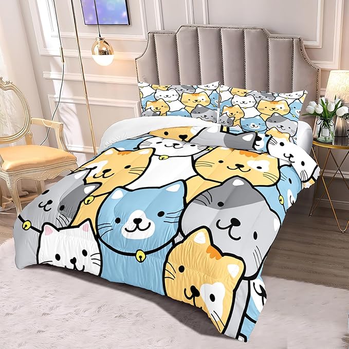 Kids Cat Comforter Set - Cat Comforter - Queen Size Comforter Set for Kids Kawaii Cat Bedding Set Cartoon Cats Print Bedding Sets for Girls Kids Cute Cat Quilt Sets with 2 Pillowcases - LeafyLoom