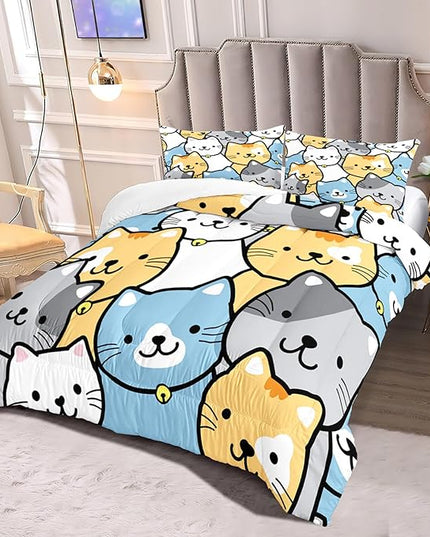 Cat Comforter Set - Cute Cat Comforter - Full Size Comforter Set for Kids Kawaii Cat Bedding Set Cartoon Cat Print Bedding Sets for Girls Room Kids Cat Quilt Sets with 2 Pillowcases - LeafyLoom