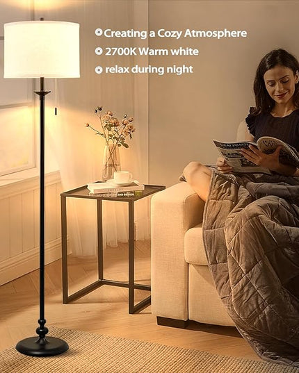 Luvkczc Modern Floor Lamp, 60" Standing Lamp for Living Room with Fabric Lamp Shade&Pull Chain, Corner Tall Reading Light for Bedroom, Office, Dining Room, Farmhouse (bulb included) Black - LeafyLoom