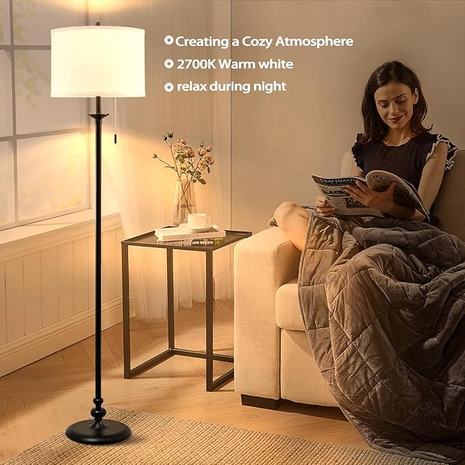Luvkczc Modern Floor Lamp, 60" Standing Lamp for Living Room with Fabric Lamp Shade&Pull Chain, Corner Tall Reading Light for Bedroom, Office, Dining Room, Farmhouse (bulb included) Black - LeafyLoom