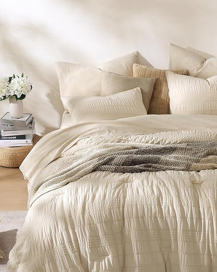 CASAAGUSTO King Size Comforter Set, 7 Pieces Beige Seersucker Bed in a Bag King Soft All Seasons, Bedding Sets King with Comforter, Flat Sheet, Fitted Sheet, 2 Pillow Shams, 2 Pillowcases - LeafyLoom