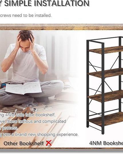 4NM Bookshelf 4 Tier Industrial Bookcase Home Office Adjustable Bookshelves Storage Shelves Organizer Vintage Book Shelf Display Rack for Living Room, Bedroom,Home - Rustic Brown - LeafyLoom