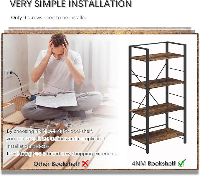 4NM Bookshelf 4 Tier Industrial Bookcase Home Office Adjustable Bookshelves Storage Shelves Organizer Vintage Book Shelf Display Rack for Living Room, Bedroom,Home - Rustic Brown - LeafyLoom
