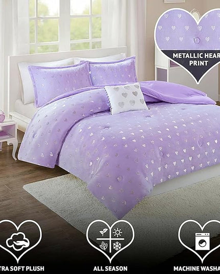 Mi Zone Rosalie Comforter Set for Girls, Ultra-Soft Microlight Plush Metallic Printed Hearts Brushed Reverse Overfilled Down Alternative Hypoallergenic All Season, Full/Queen, Purple/Silver, 4 Piece - LeafyLoom