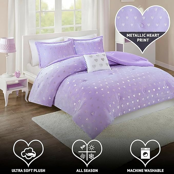 Mi Zone Rosalie Comforter Set for Girls, Ultra-Soft Microlight Plush Metallic Printed Hearts Brushed Reverse Overfilled Down Alternative Hypoallergenic All Season, Full/Queen, Purple/Silver, 4 Piece - LeafyLoom