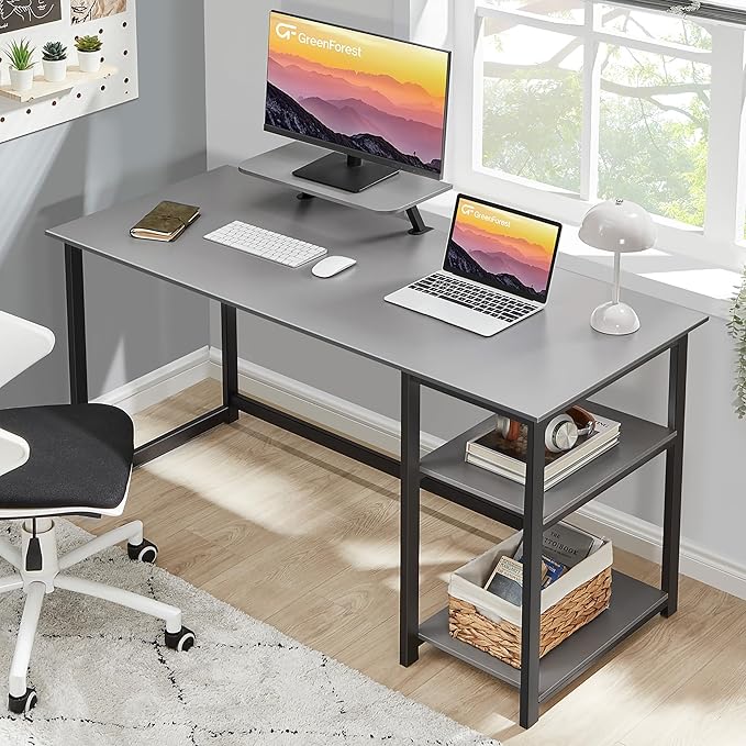 GreenForest Computer Home Office Desk with Monitor Stand and Reversible Storage Shelves,55 inch Modern Simple Writing Study PC Work Table,Grey - LeafyLoom