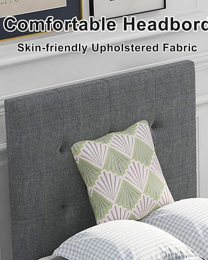 Bellemave Upholstered Twin Size Platform Bed Frame with 2 Storage Drawers and Headboard, Linen Fabric Simple Style, Solid Wooden Slats Support, No Box Spring Needed, Grey - LeafyLoom