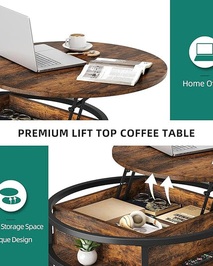YITAHOME Round Lift Top Coffee Table, Coffee Tables for Living Room with Hidden Storage Compartment, Modern Coffee Table with Storage for Home Office,Round Center Tables Living Room,Rustic Brown - LeafyLoom