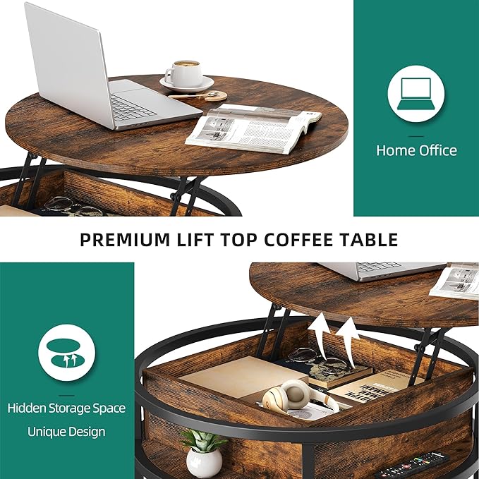 YITAHOME Round Lift Top Coffee Table, Coffee Tables for Living Room with Hidden Storage Compartment, Modern Coffee Table with Storage for Home Office,Round Center Tables Living Room,Rustic Brown - LeafyLoom