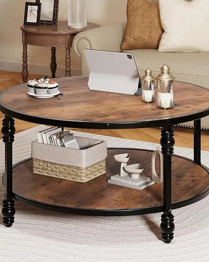 GAOMON Round Coffee Table Living Room 34.25in Rustic Circle Center Table with Storage Shelf 2-Tier Modern Wood Coffee Table, Easy Assembly(Brown) - LeafyLoom