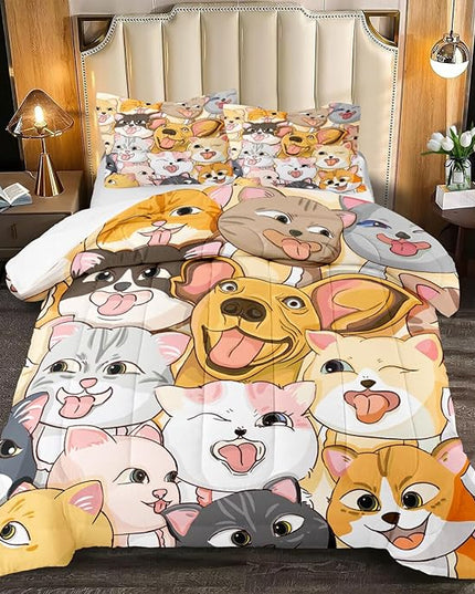 Dogs Comforter Set - Cute Cartoon Puppy Pattern Comforter Set Full Size 3pcs Kitten Dogs Bedding Set Pet Animal Design Kids Room Decor with 1 Comforter and 2 Pillowcases Boys Girls Gift All Season - LeafyLoom