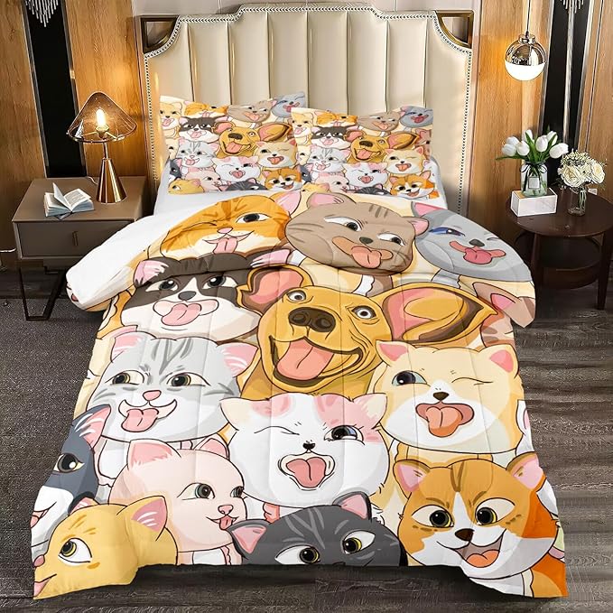 Dogs Comforter Set - Cute Cartoon Puppy Pattern Comforter Set Full Size 3pcs Kitten Dogs Bedding Set Pet Animal Design Kids Room Decor with 1 Comforter and 2 Pillowcases Boys Girls Gift All Season - LeafyLoom
