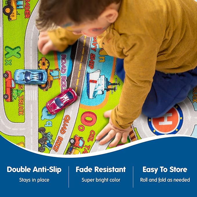Booooom Jackson Large Kids Car Rug,Train Rug,ABC Alphabet Nursery Rug for Kids,Car Play Rug for Kids Playroom,Race Track Rug,Car Play Mat,Road Rug for Toddlers,Car Mat Car Carpet for Kids Room - LeafyLoom