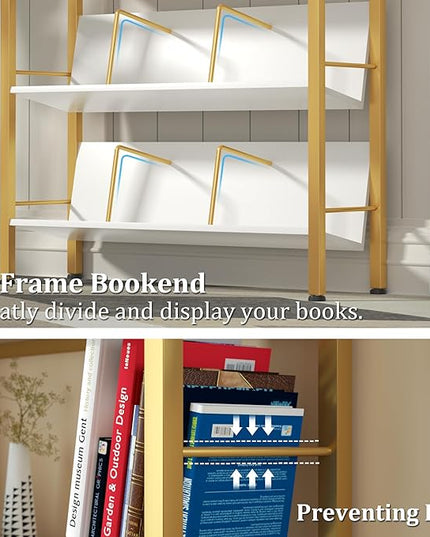 Bookshelf with Drawers- Widen Industrial Book Shelf with Bookend, 5 Tiers Tall Storage Shelves, Steel Frame Display Rack, Suitable for Bedroom, Office, Living Room-27'' Depth White - LeafyLoom