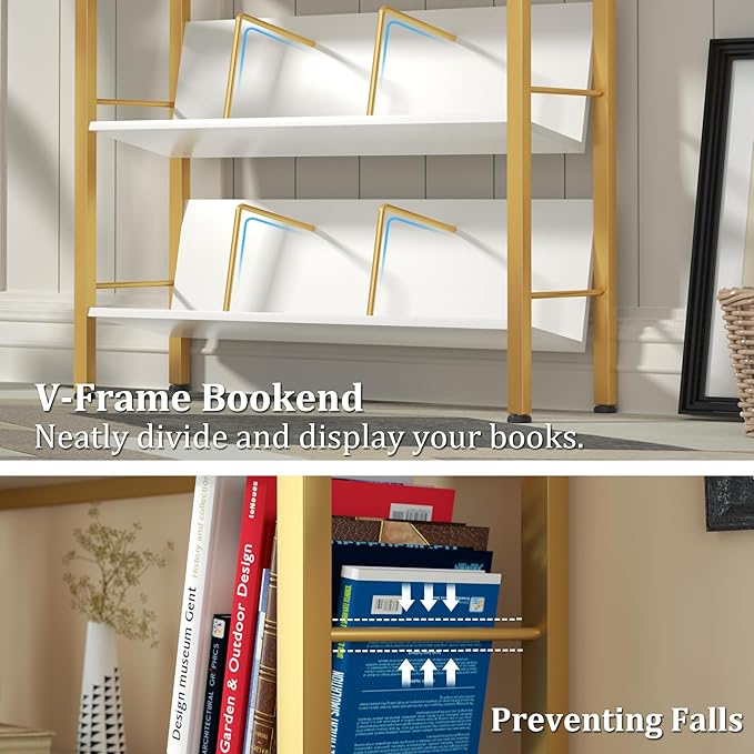 Bookshelf with Drawers- Widen Industrial Book Shelf with Bookend, 5 Tiers Tall Storage Shelves, Steel Frame Display Rack, Suitable for Bedroom, Office, Living Room-27'' Depth White - LeafyLoom