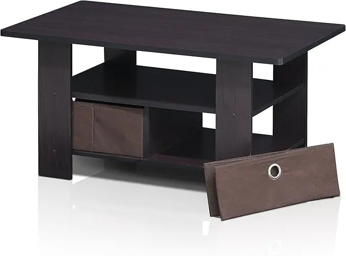 Furinno Andrey Coffee Table with Bin Drawer, Dark Walnut - LeafyLoom