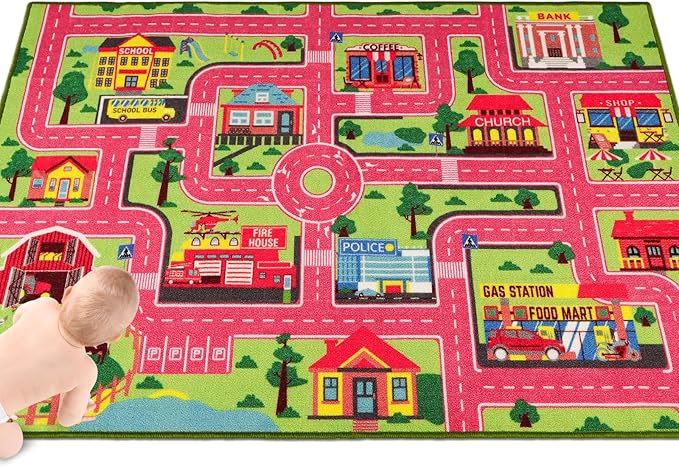 Kids Carpet Playmat Rug 59"x39.4", Car Rug for Kids Cars, Non-Slip Town City Road Map Kids Rug for Playroom Bedroom Boys, Kids Car Mat Road Rug, Track Rug Car Play Rug for Kids (59X39.4 INCH-Pink) - LeafyLoom