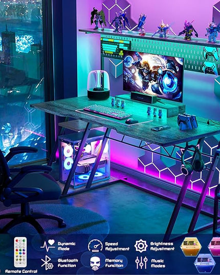 armocity 55'' Gaming Desk with Hutch and LED Lights, Gaming Computer Desk with Storage Shelves & Z-Shaped Legs, Reversible PC Gaming Desk with Pegboard, Ergonomic Desk for Bedroom, Grey Oak - LeafyLoom