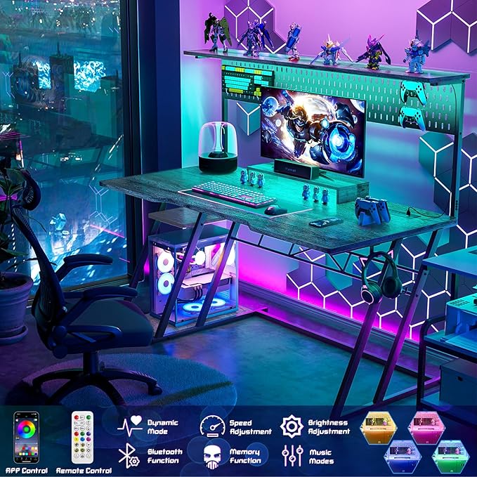 armocity 55'' Gaming Desk with Hutch and LED Lights, Gaming Computer Desk with Storage Shelves & Z-Shaped Legs, Reversible PC Gaming Desk with Pegboard, Ergonomic Desk for Bedroom, Grey Oak - LeafyLoom