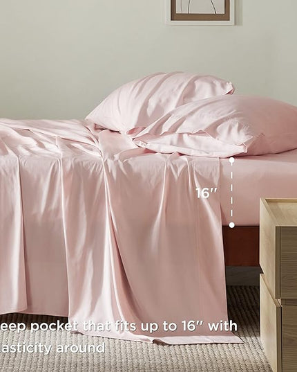 Bedsure Queen Sheets, Rayon Derived from Bamboo, Queen Cooling Sheet Set, Deep Pocket Up to 16", Breathable & Soft Bed Sheets, Hotel Luxury Silky Bedding Sheets & Pillowcases, Pink - LeafyLoom